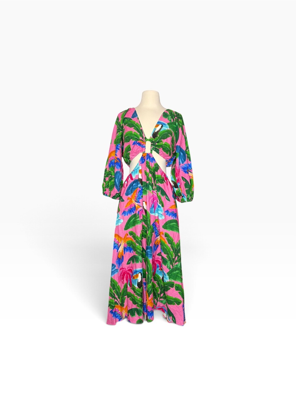 FARM Rio X Anthologie Printed V-Neck Cutout Pink and Green Tropical Maxi Dress